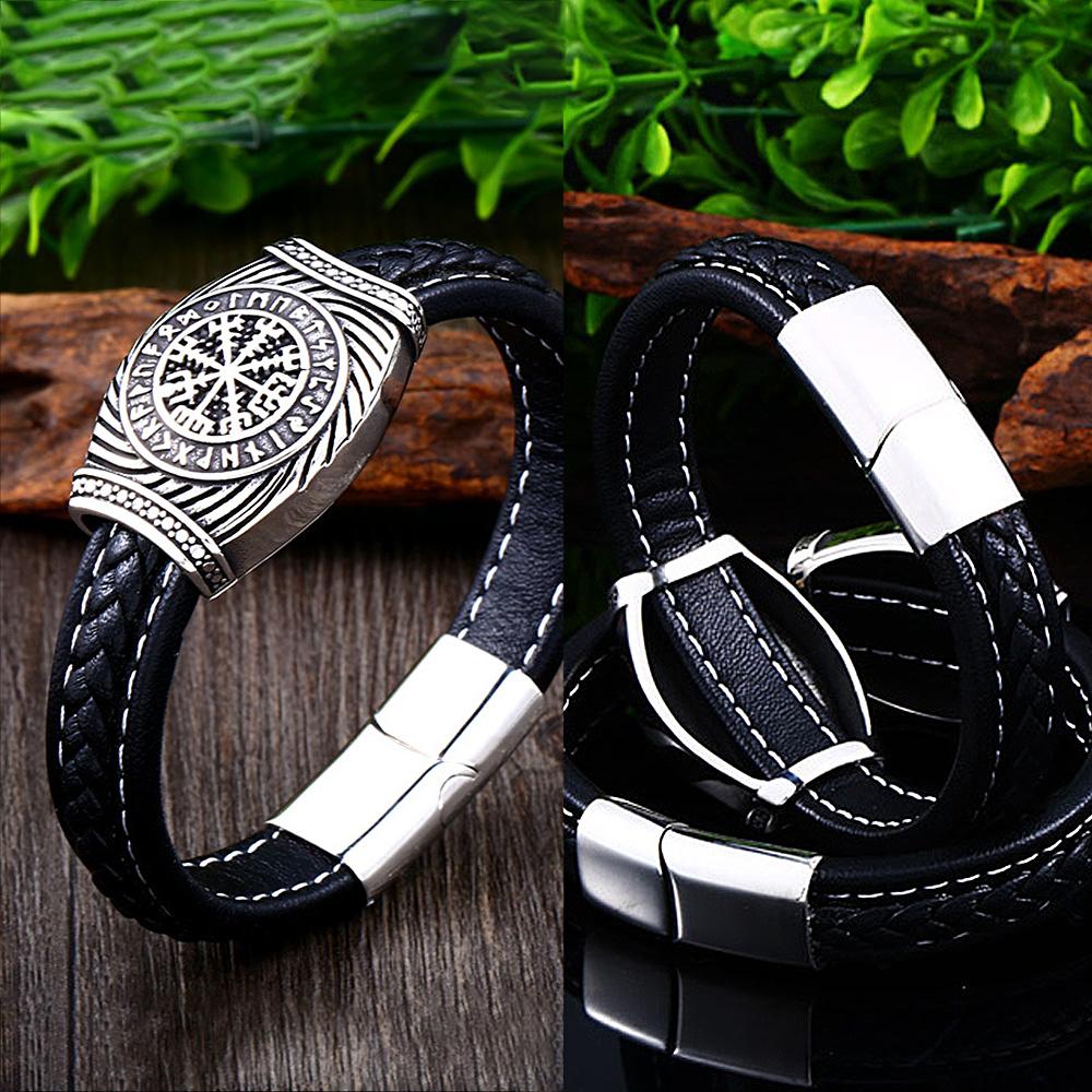 Bracciale runico vichingo da uomo in acciaio inossidabile 316L, stile nordico, con bussola di Odino, ideale come gioiello regalo per motociclisti.