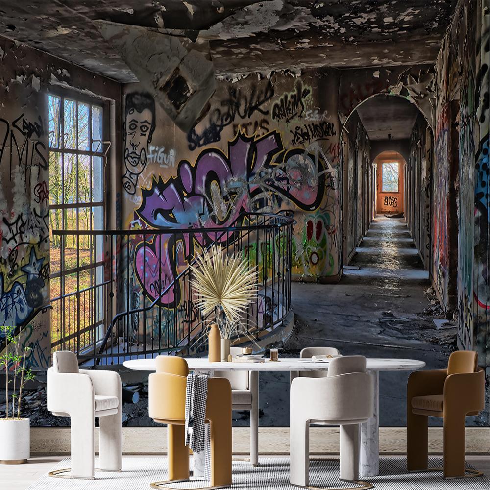 Urban Street Graffiti Wall Mural Retro Abandoned School Building Wallpaper Bedroom Murals 200 cm(W) x 140 cm(H)