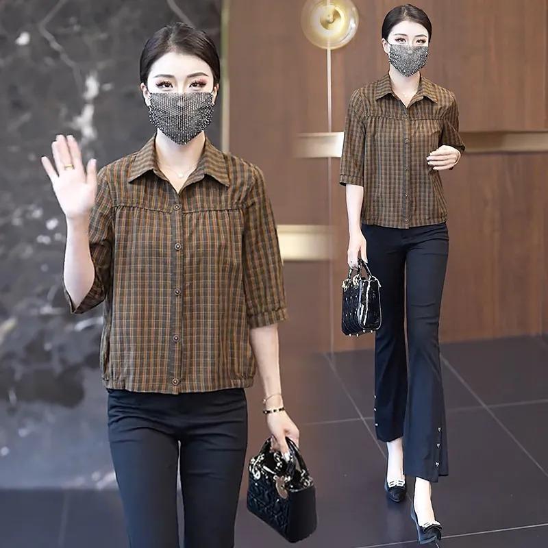 Summer Women s Plaid Shirt Casual 3/4 Sleeve Button Up Loose Fit Blouse L