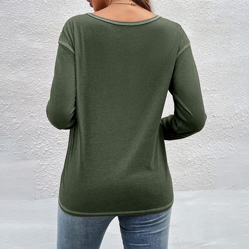 T-shirt Femme Couleur Lâche Boutonnage Bord Irrégulier Manches Longues