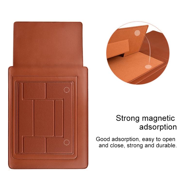 PU05 PU Leather Laptop Sleeve 15.4 Inch, Multi-functional Notebook Protective Bag with Triangle Support, Magnetic Heat Dissipation Laptop Cover