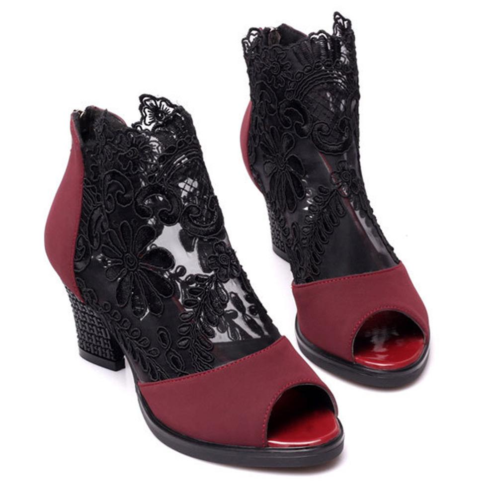 Summer Mesh High-heeled Fish-mouth Thick-heeled Women's Shoes, Fashionable Lace