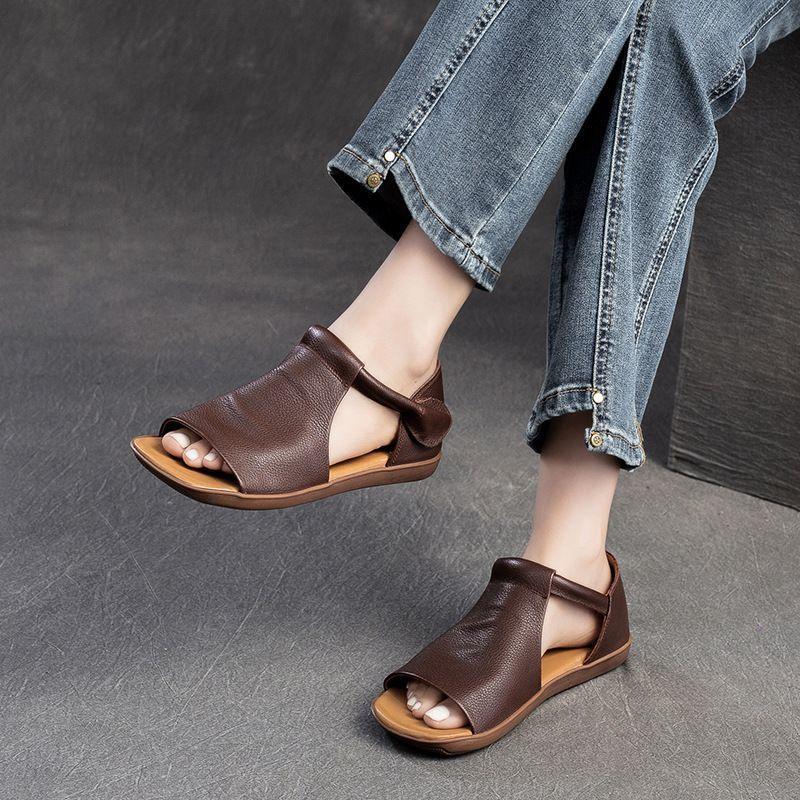 Popular 2025 Summer New Fish Mouth Flat Bottom Retro Sandals British Handmade Velcro Casual Roman Women's Shoes