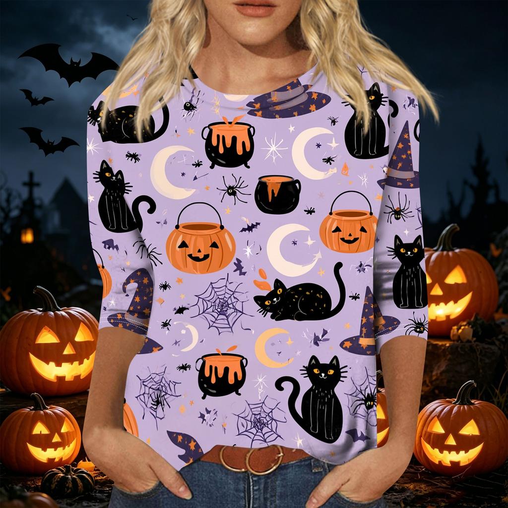 Womens Casual Halloween Print Pullover Shirt Three Quarter Sleeve Round Neck Top Lightweight Comfortable Fabric