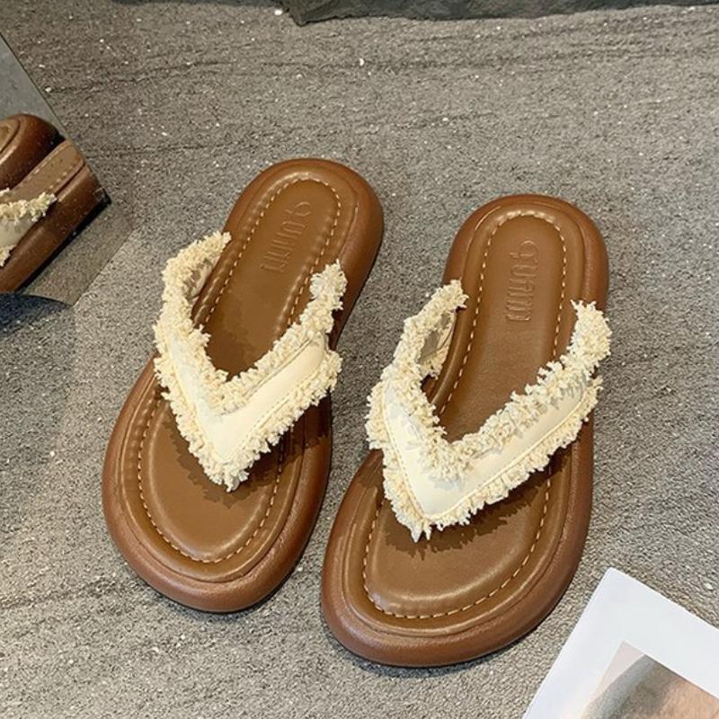 

Французские ретро тапочки с закрытым носком на толстой подошве с бахромой для женщин, идеально подходят для летних прогулок, пляжа и повседневной носки 40 бежевый