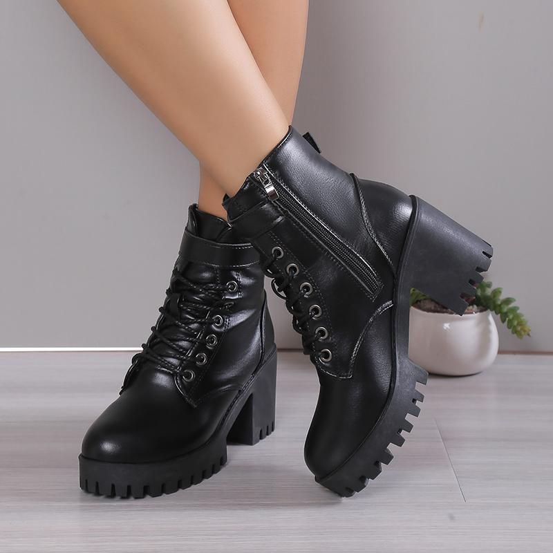 Winter Fashion Comfortable Elegant Square with Women's Shoes Side Zipper Round Head Solid Color Simple Thick Heel Boots