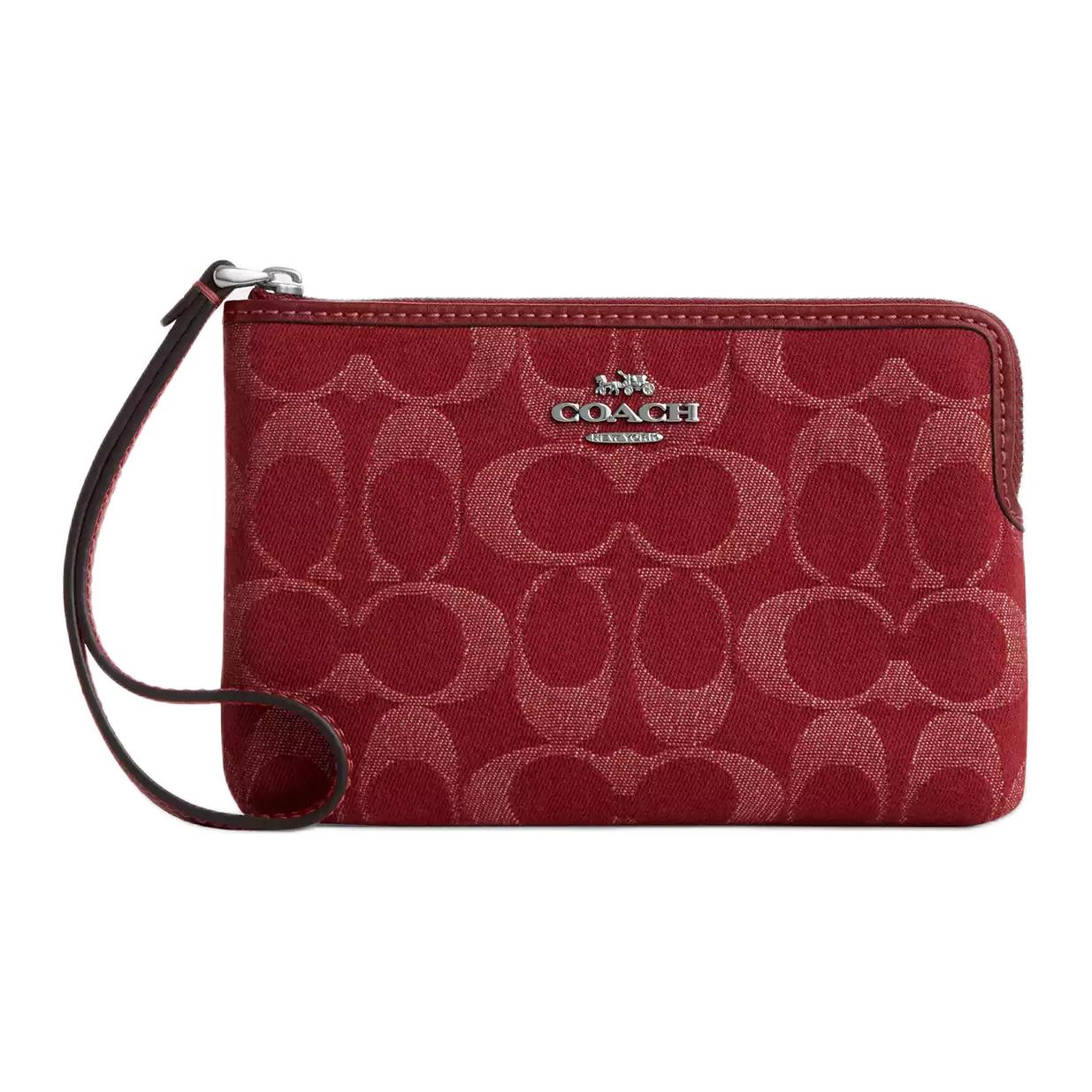 Coach Corner Zip Wristlet Signature 16 Women Clutch Silver Denim Leather CDF27-SVDN8 Basic Set (Bag+Dust Bag)