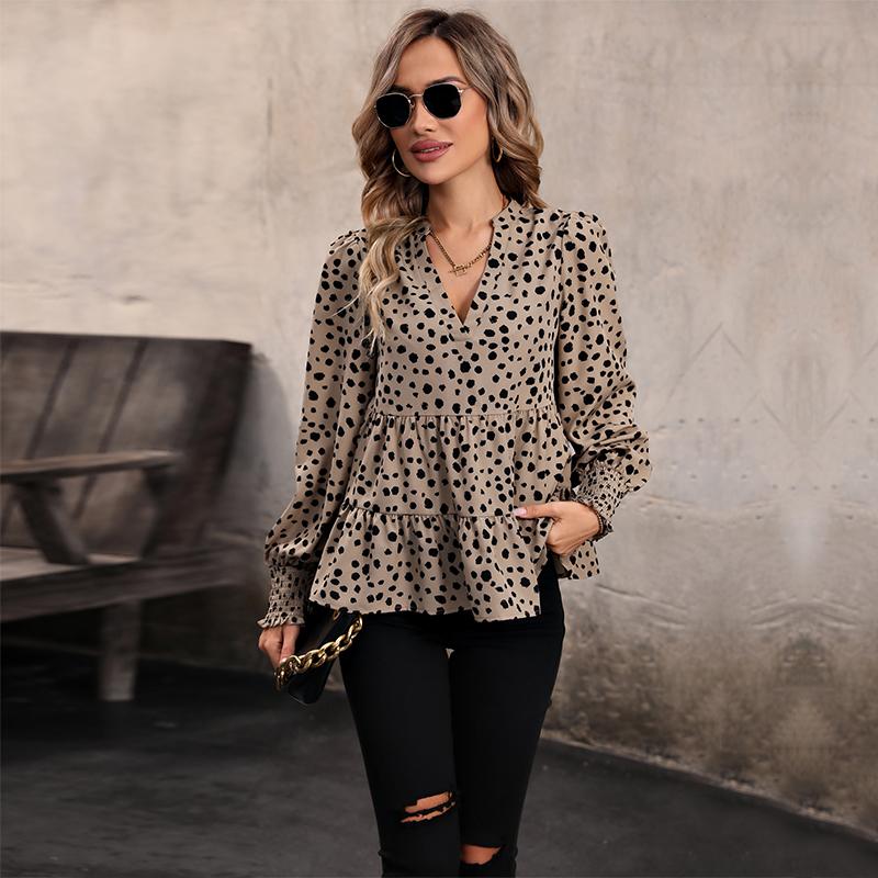Women's Fashion Casual Leopard Print Long Sleeve V-Neck Blouses & Shirts