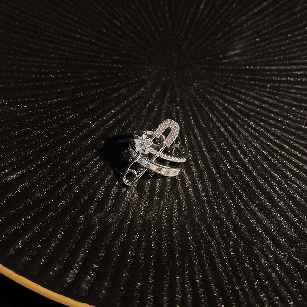Girls Double Layer Pin Design Exaggerated Zircon Copper Finger Rings Fashion Jewelry Open Ring