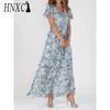 HNXC 6 Color V-neck Ruffle Maxi Dress Short Sleeves Fitted Waist High Waist Flowy Hem Cute Floral Chiffon Dress Women Clothing
