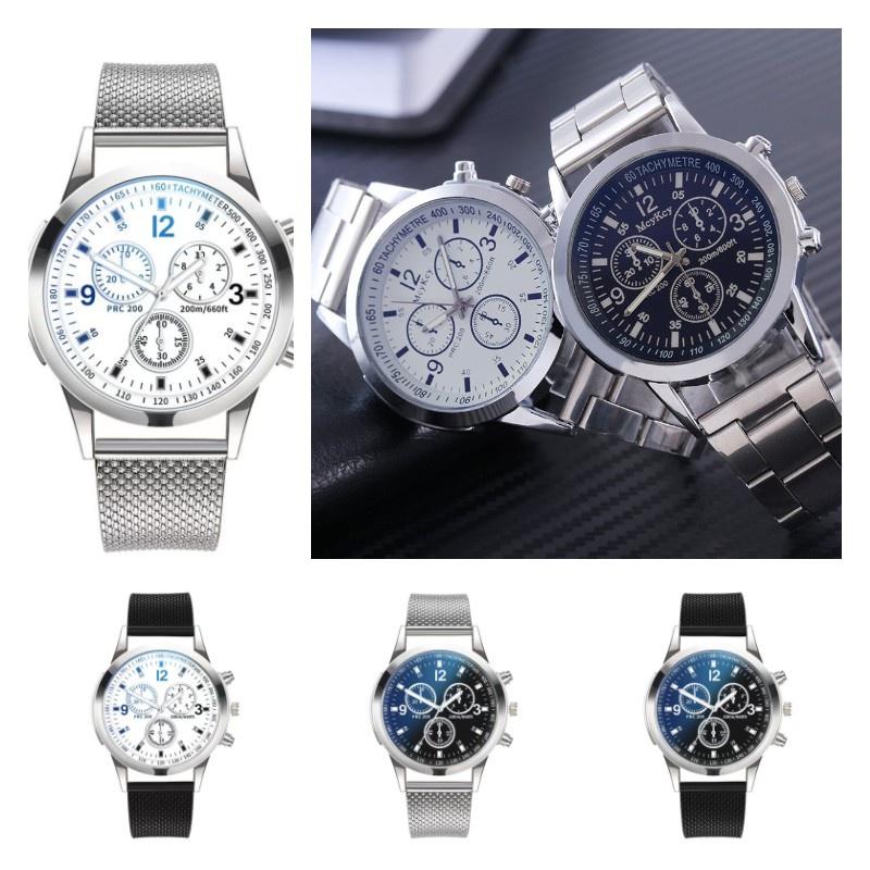 Atemberaubende Blaues Licht Glas Drei-Augen Stahlarmband Uhr Für Männer Quarz Uhr Perfektes Geschenk Für Männer