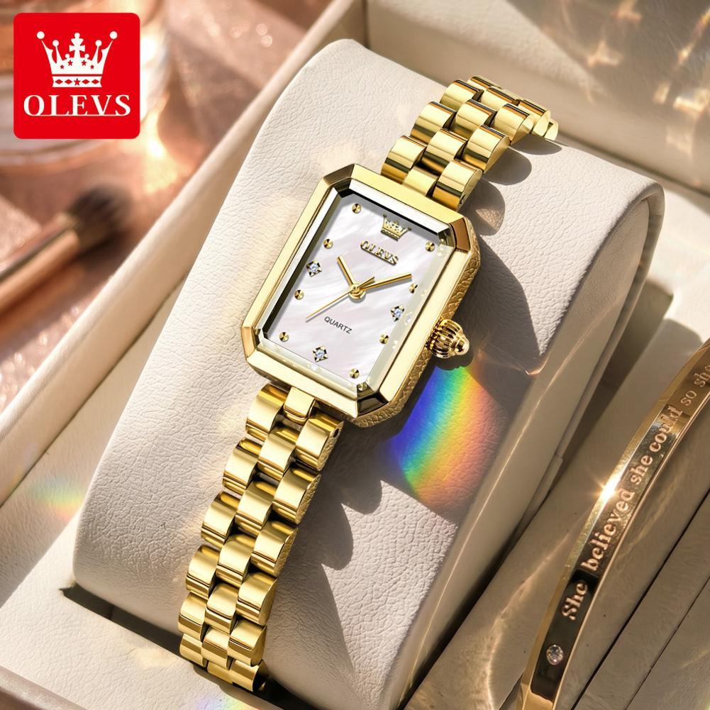 OLEVS Ladies Watches Original Solid Steel Strap Square Quartz Watches for Women Elegant Luxury Waterproof Woman Watch Gift 5690