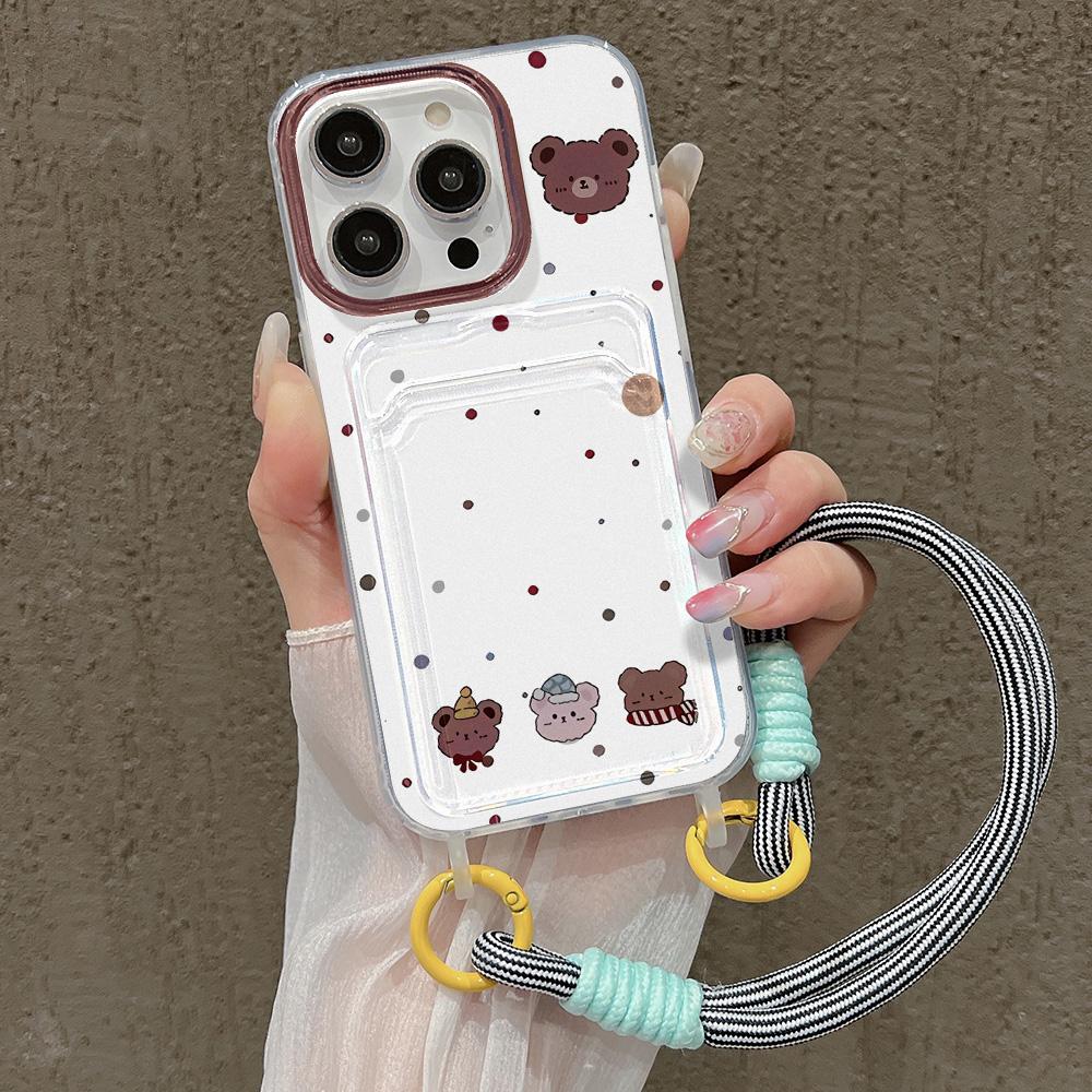 Cute Cartoon Bear Hang Chain Lanyard Phone Case For iPhone 13 11 12 14 15 16 Pro Max 7 8 Plus XR XS X SE  Card Holder Cover