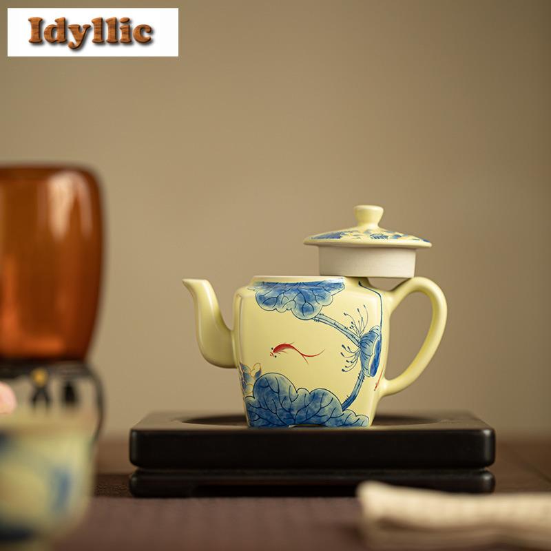 200ml Ru Kiln Yellow Fish Playing In Lotus Pond Square Teapot Traditional Tea Infuser Pot Tea Maker Kettle With Strainer Craft