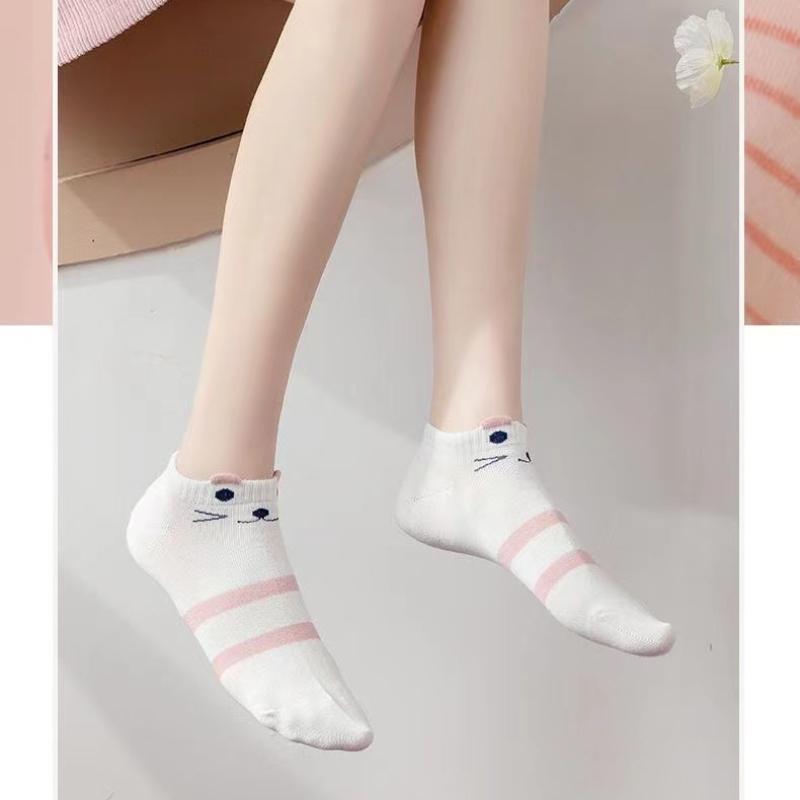 5 Pairs Womens Socks Kitty Crew Short Socks Creative Printing Socks Cartoon Cute Kitten Ankle Sock