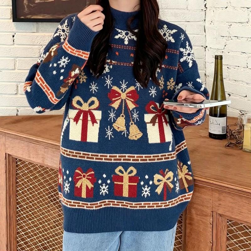 Womens Loose Knit Sweater With Christmas Deer Embroidery Long Sleeve Pullover Winter Holiday Season