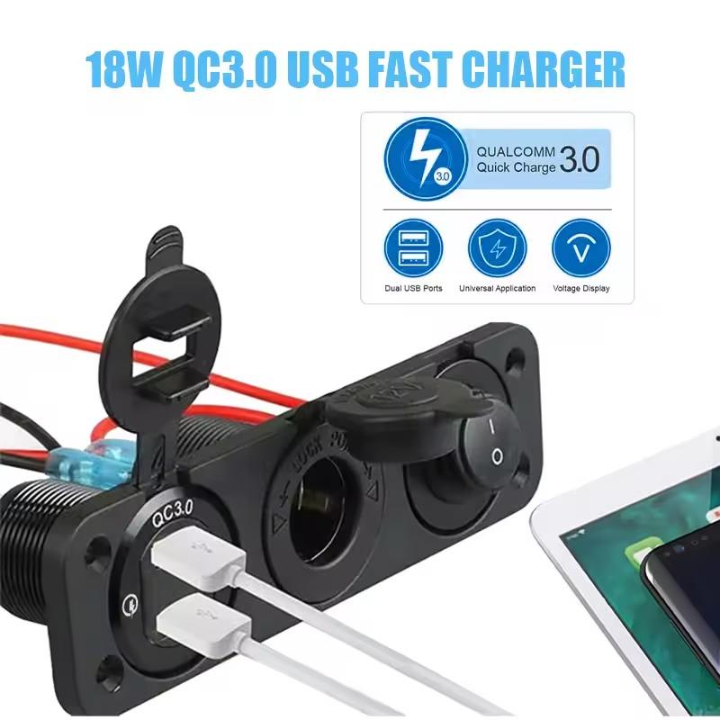 12V USB Outlet Socket Panel Dual Quick Charge 3.0 USB Car Charger Socket Cigarette Lighter Socket ON Off Rocker Toggle Switch