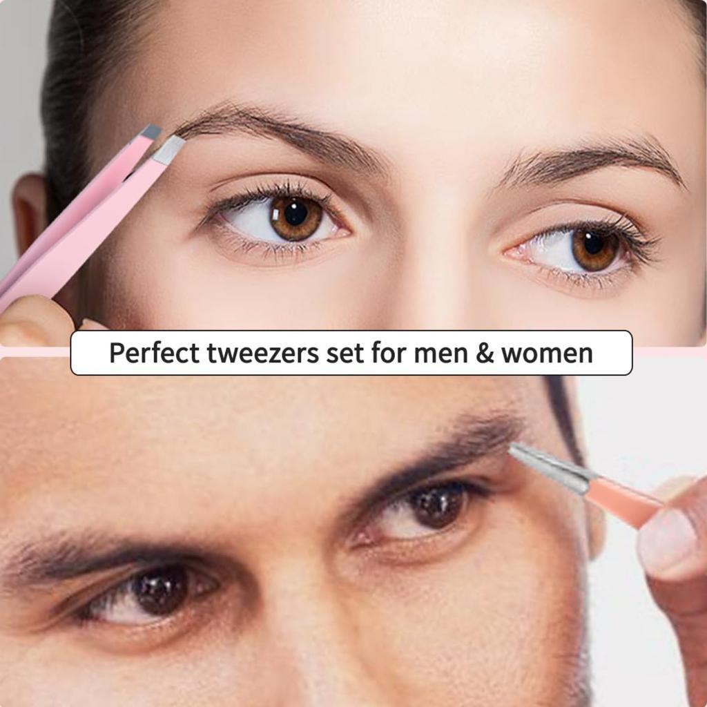 Professional Eyebrow Tweezers 6 Pcs Set  - Stainless Steel Tweezers & Curved Scissors for Precise Shaping with Case. Ideal for Ingrown Hair Removal.