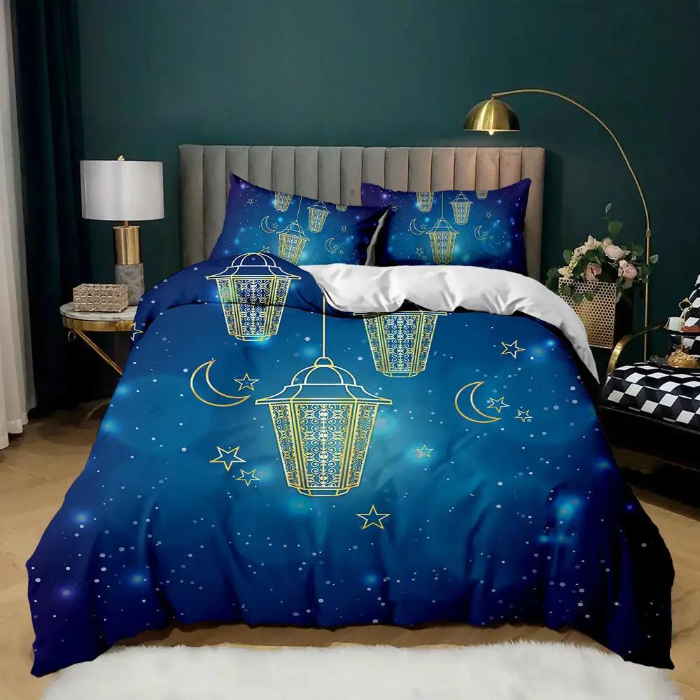 Exotic Stars and Moon Duvet Cover King Queen Religious Themed Quilt Cover Muslim Believer Bedding Set for Ramadan Festival Decor