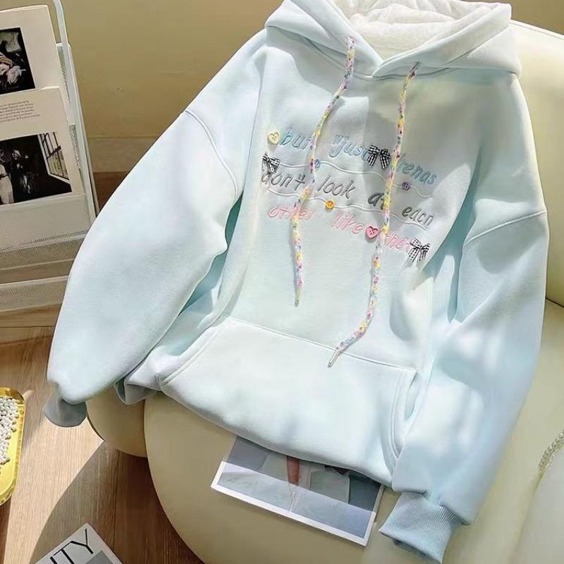 Ladies Button Decoration Solid Color Hoodie College Style Sweet Letter Hooded Sweatshirt Autumn Loose Versatile Women s Pullover Top Onesize 2875₽