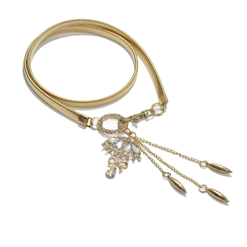 Meier Elastic metal women s waist chain with trendy umbrella pendant, rhinestone inlay, and adjustable slim belt 85cm