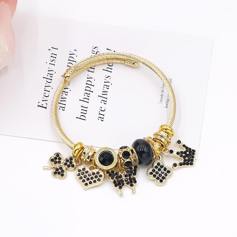 

Delicate Diamond Butterfly Beaded Bracelet Stainless Steel Lucky Bangle Best Friend Gift With Heart Crown Charm чорний