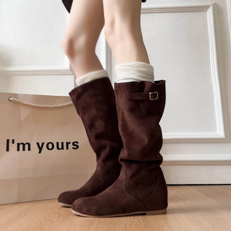 Fransk mocka inre höjdökning 2025 höst och vinter nya damers liten fyrkantig tå matt retro men knähöga cowboy westernstövlar dam