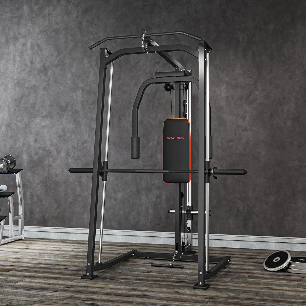 3-in-1 Smith Machine with Dual Cable Pulley System, Chest Press Station, 17-Level Squat Rack and Barbell Bar