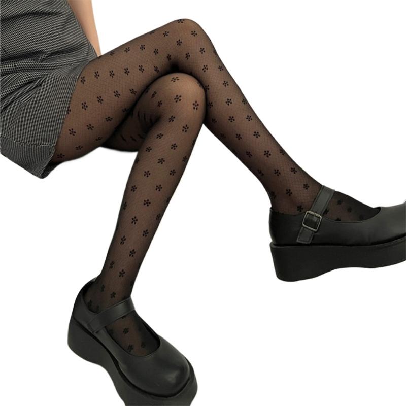 Women Sexy See Through Diamond Grid Mesh Pantyhose Stockings Vintage Elegant Floral Pattern Bottoming Leggings Tights
