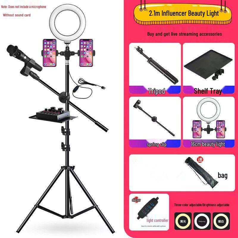 Multifunctional Tripod with Beauty Fill Light & Sound Card for Mobile Streaming and Outdoor K-Song