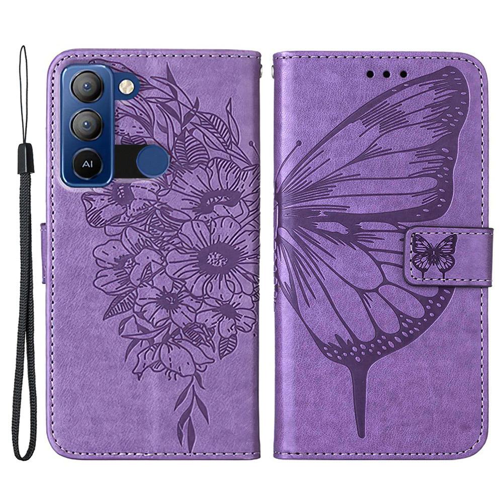 For TECNO Pop 5 LTE 4G Wallet Case with Wrist Strap Butterfly Imprint Leather Phone Cover