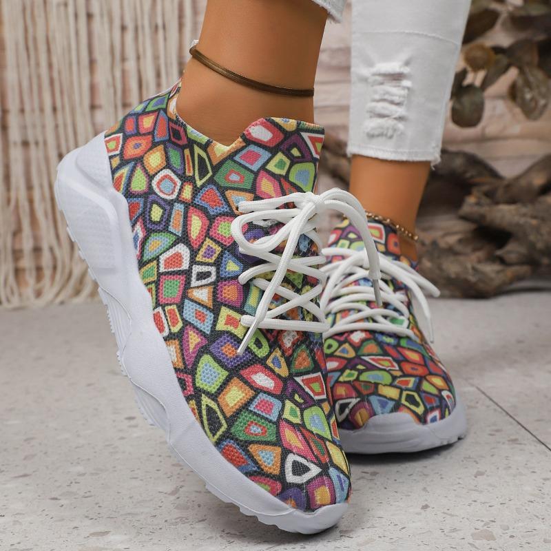 Fashion 2025 New Women Rainbow Shoes Autumn New Casual Daily Ladies Flat Shoes Round Toe Multi-Color Print Lace-up Sneakers