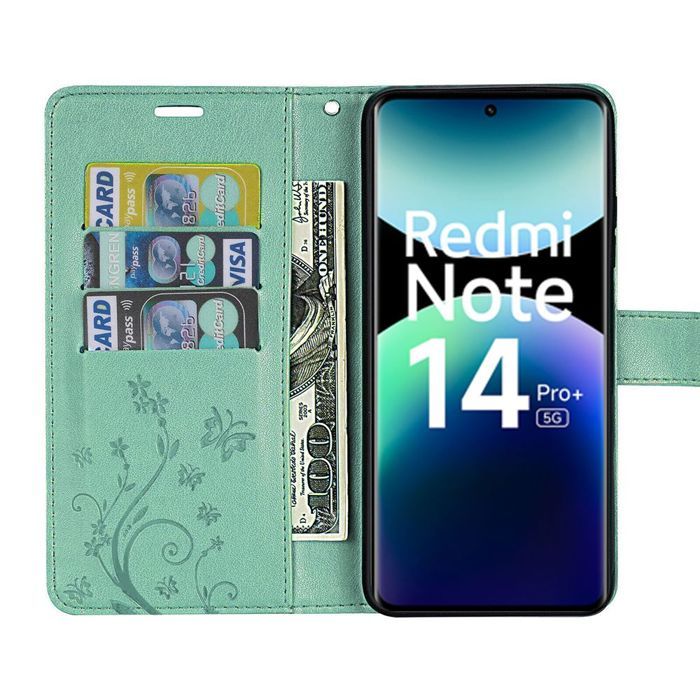 Coque pour Xiaomi Redmi Note 14 Pro Plus 5G/Note 14 Pro+ 5G, Protection Rabat Synthécuir Vert Motif Papillon Fleur