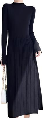 MARIA MARFA Knit Long Beautiful Women's Dress, Fall/Winter, Sleeve, Stretchy, Silhouette, Warm, Semi-Formal, Slimming, Flexible, Black, 5A-M15-BKM
