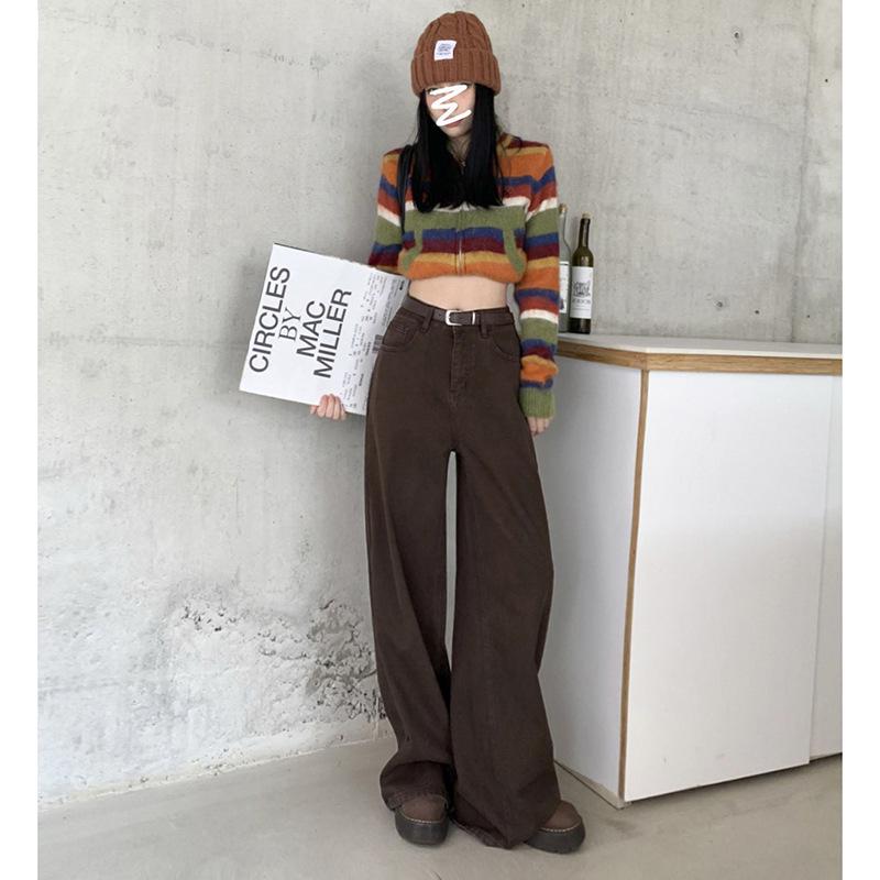 Maillard Women's Retro Brown Wide-Leg High-Waist Jeans, Plus Size, Floor-Length, Spring/Autumn 2025