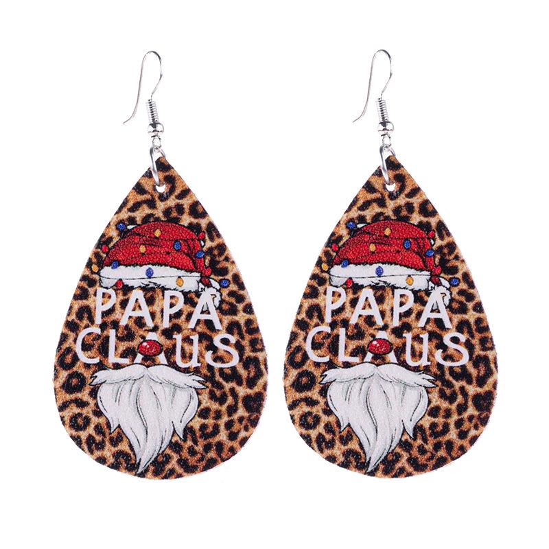 

New Fashion Double-Sided PU Leather Teardrop Earrings with Leopard Print and Santa Claus Design цветной печати леопарда