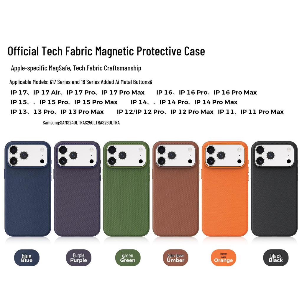 Magnetic Tech Cloth Fabric Phone Case for iPhone 15/16/17 Pro Max with Camera Button Protection.