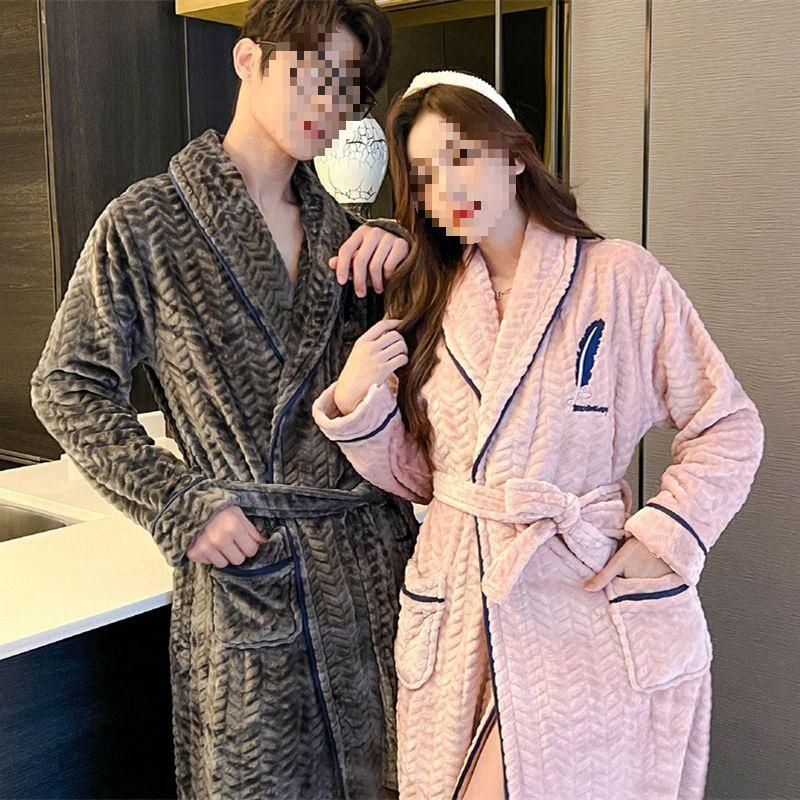 G5Z Winter Flannel Couple Robe: Men's Coral Fleece & Women's Plus Velvet Thick Warm Pajamas Bathrobe.