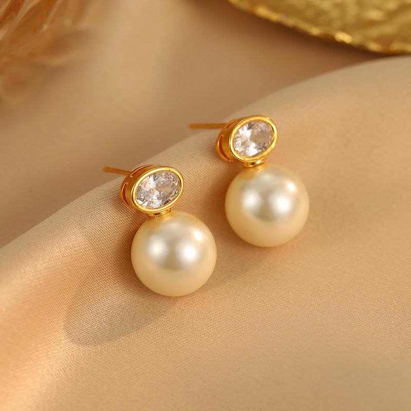 

Серьги French Light Luxury Zircon Oval White Pearl, темпераментные ретро-серьги High Sense, модные универсальные серьги-гвоздики для женщин 18K