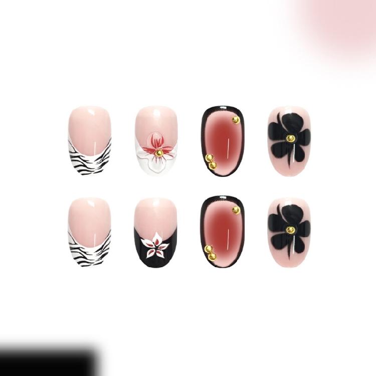 Pack of 1 Fashionable Artificial Nail with Short Length Glossy Oval Leopard French Daily Parties Manicure