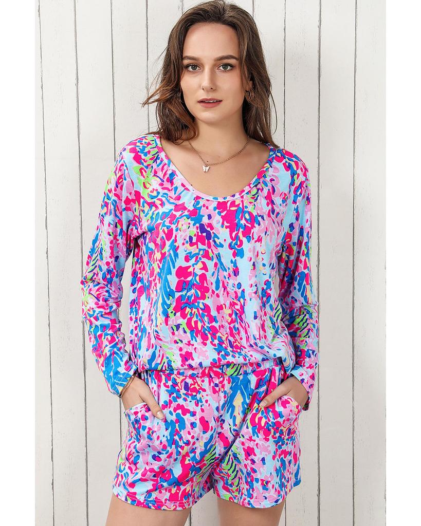 Azura Exchange Floral Long Sleeve Top and Drawstring Shorts Set