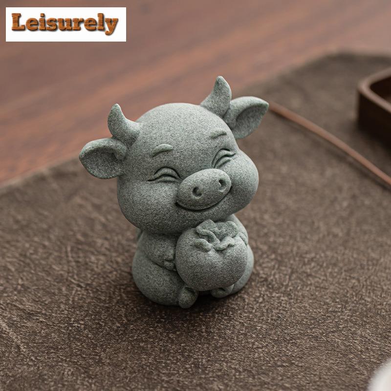 Green Sand Stone Pig Persimmon Big Fortune Tea Pet Japanese Tea Spirit Tea Figurine Play Toys Tea Statue Ornaments Decoration