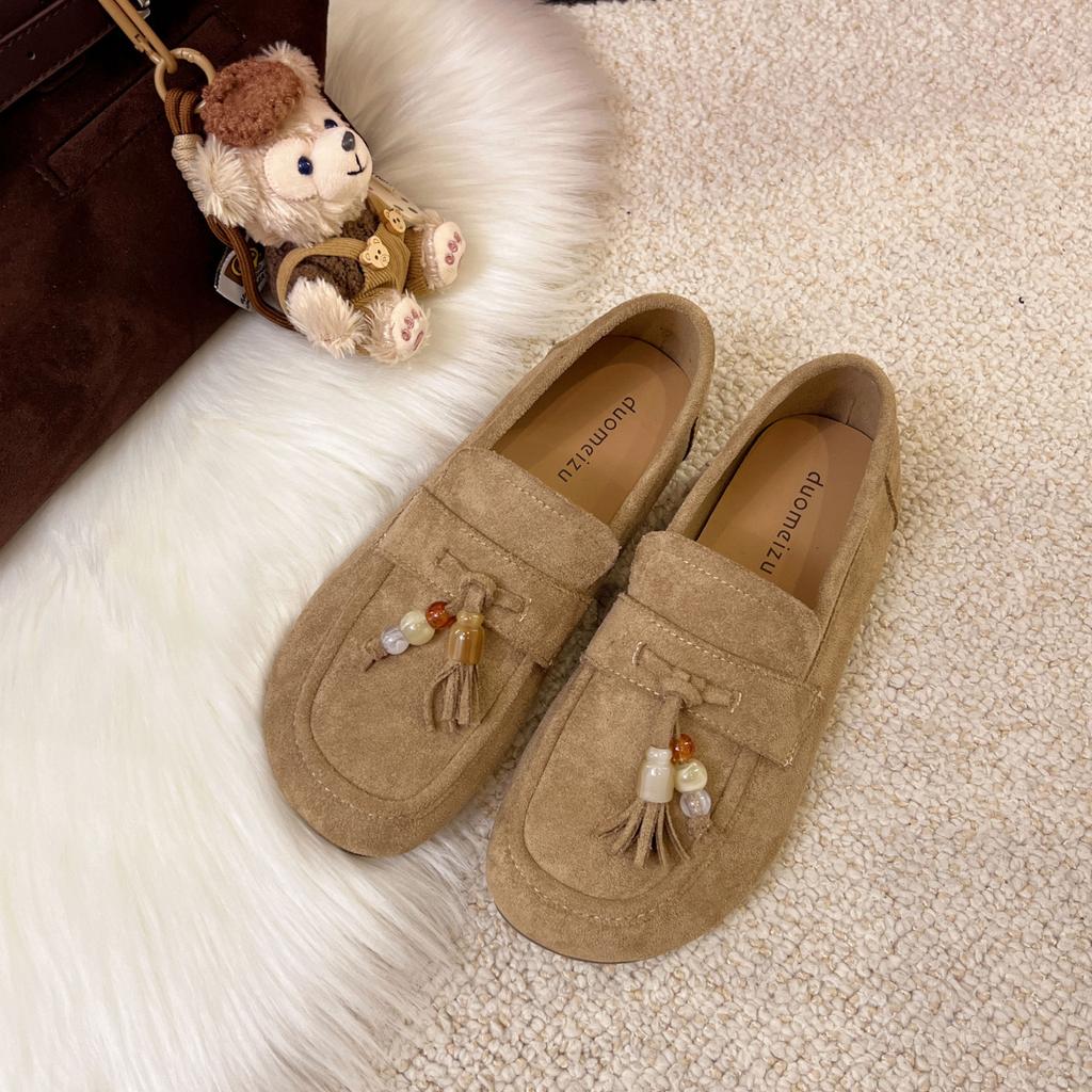 Spring and Summer 2025 New Fashion One-pedal Deep-mouth Loafers Women's Suede Round Head Thick Sole Low-heeled Small Leather Shoes