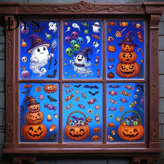 Cartoon Ghost Pumpkin Decals Halloween Window Cling Stickers, Candy Glass Decals, Self-Adhesive Removable Party Supplies for Art Home Doors