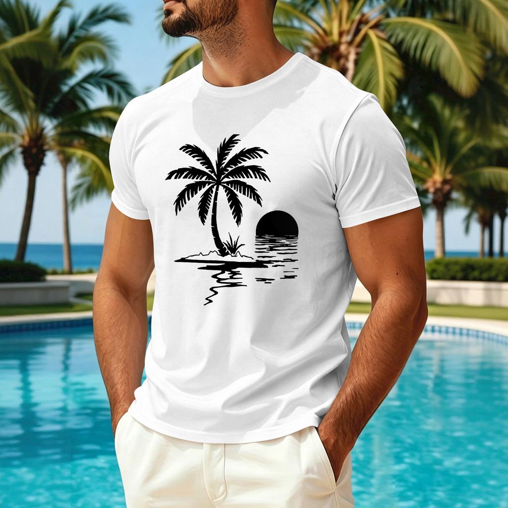 Men's Summer Hawaiian Print Crew Neck Ice Silk Shirt Casual Quick Dry Short Sleeve Sun Protection Top for Outdoor Activities