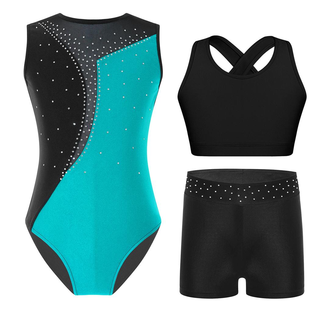 Ärmelloses Tanzset für Mädchen Glitzernde Strasssteine Kontrastfarben Gymnastik-Leotard mit Shorts und Top