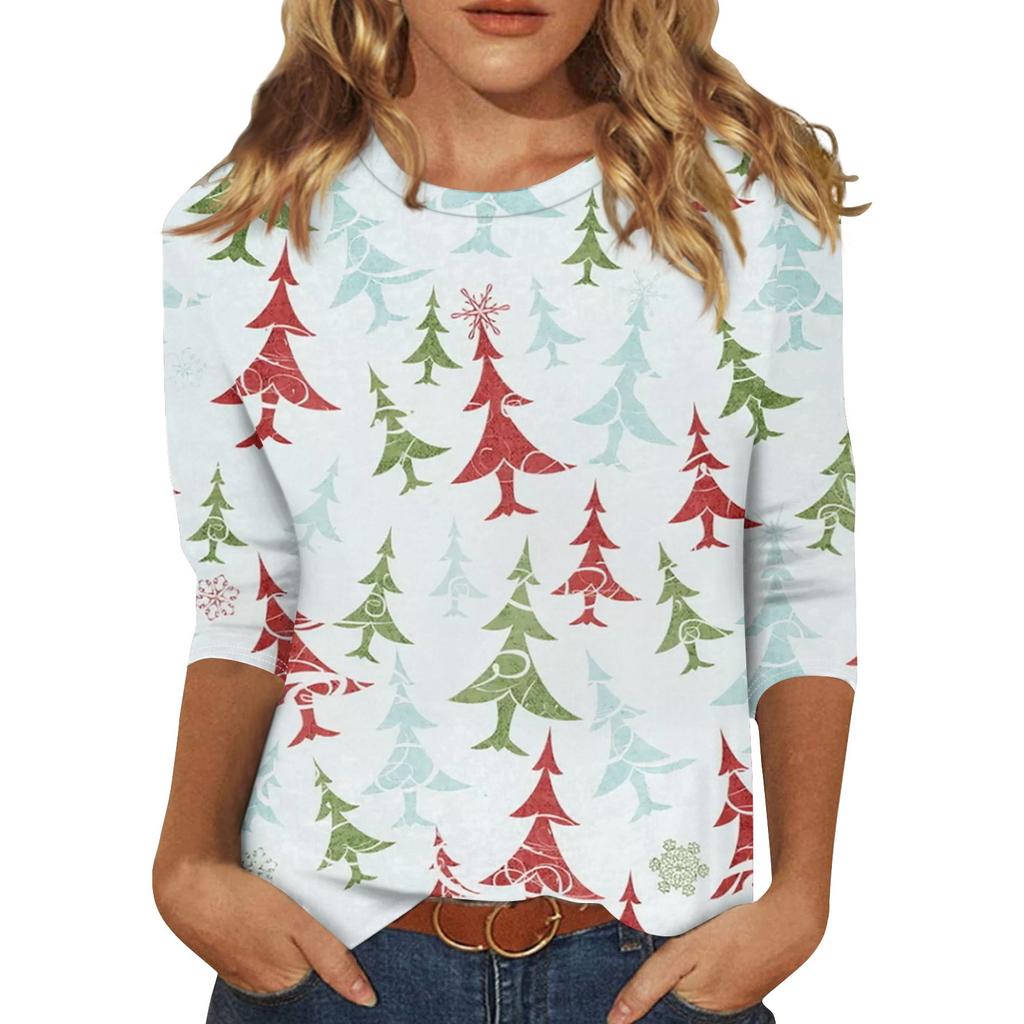 Damenmode Lässiges T-Shirt mit sieben Ärmeln und Weihnachtsdruck, Rundhalsausschnitt