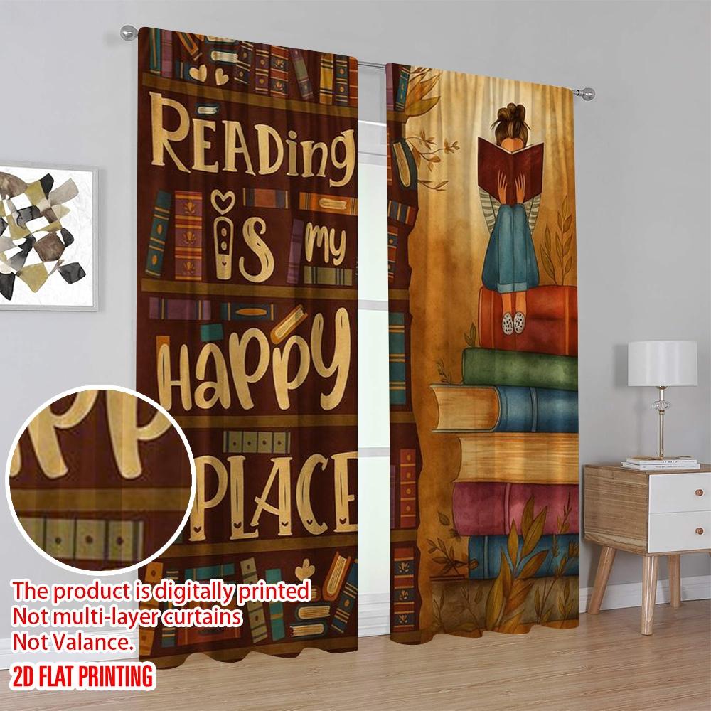 2pcs,2D plane printing Minimalist Curtains Bookworm Bliss Versatile Polyester Fabric (without rod) Decorations Inside Perfect