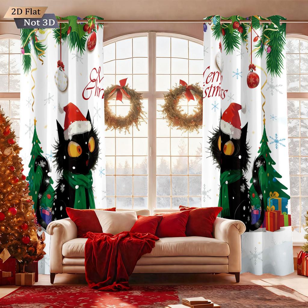 2Pcs Christmas Black Cat Print Blackout Curtains Multiple Size Living Room Bedroom Home Insulation Decoration, Machine Washable