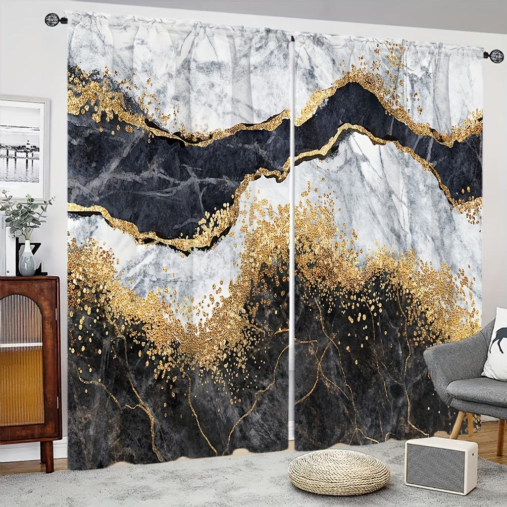 2pcs Marble Pattern Curtains Rod Pocket Decorative Window Drape Window Treatments For Bedroom Living Room Study Home Decoration